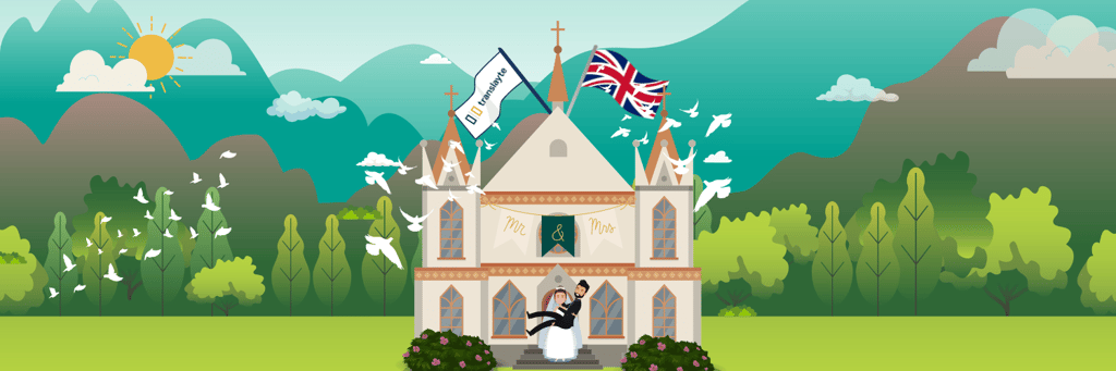 animated image of a bride carrying the groom while standing in front of a chapel after their wedding, getting married in the uk as a foreigner